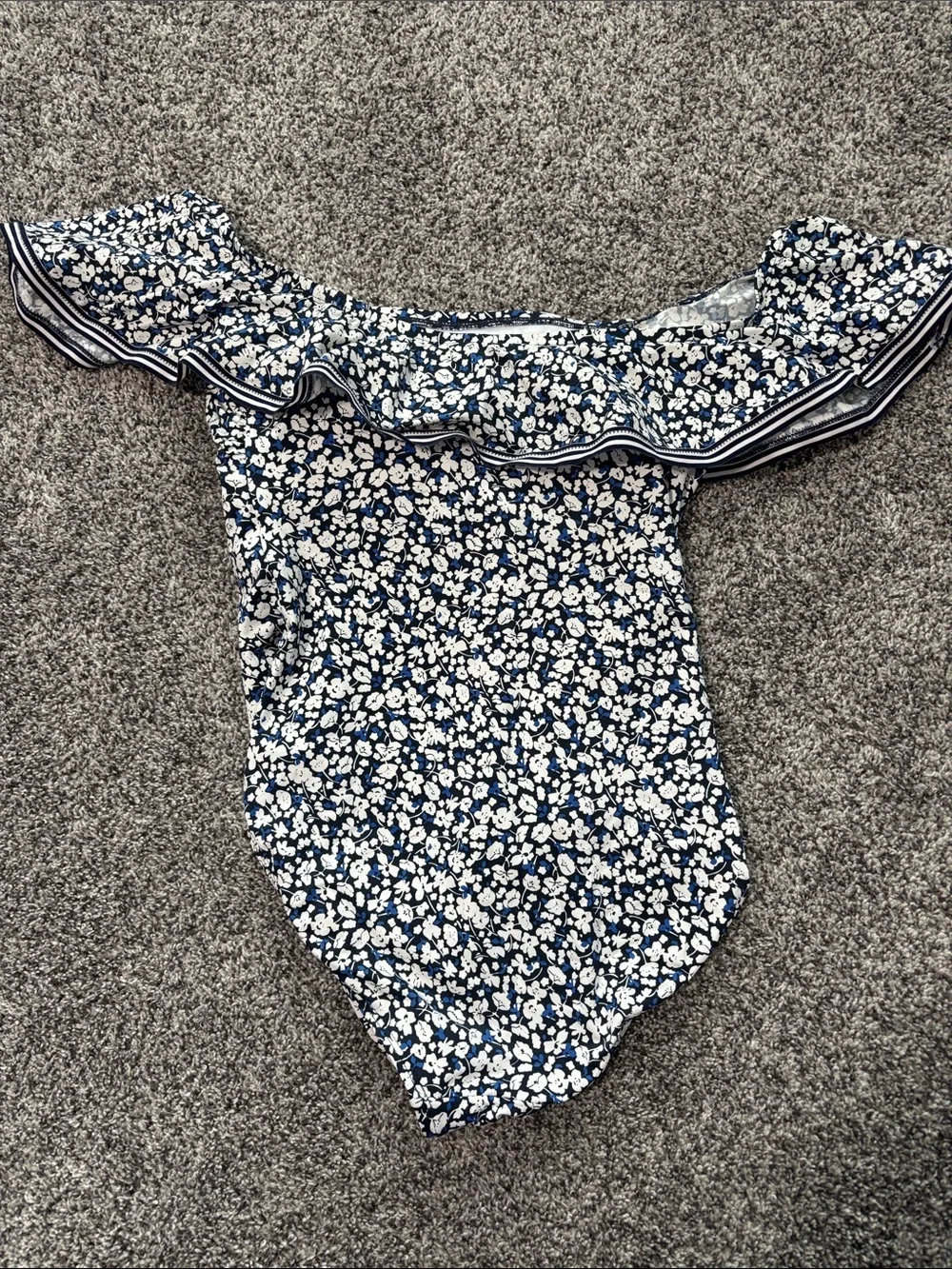 EUC Ralph Lauren Blue Floral Print Off the Shoulder Swimsuit Size 8